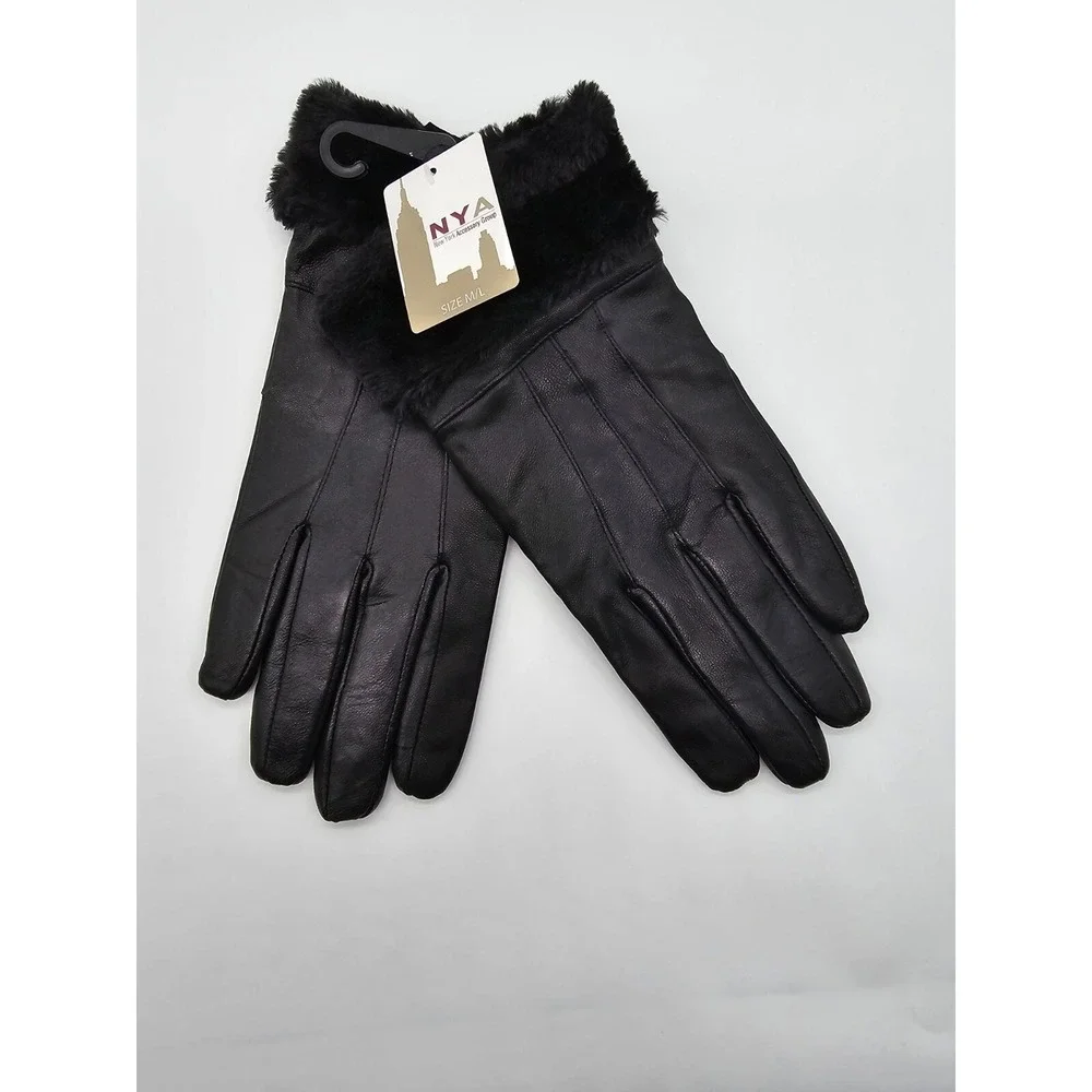 NYA Womens Black Genuine Leather Winter Gloves Faux Fur Trim Warm Size M/L NWT